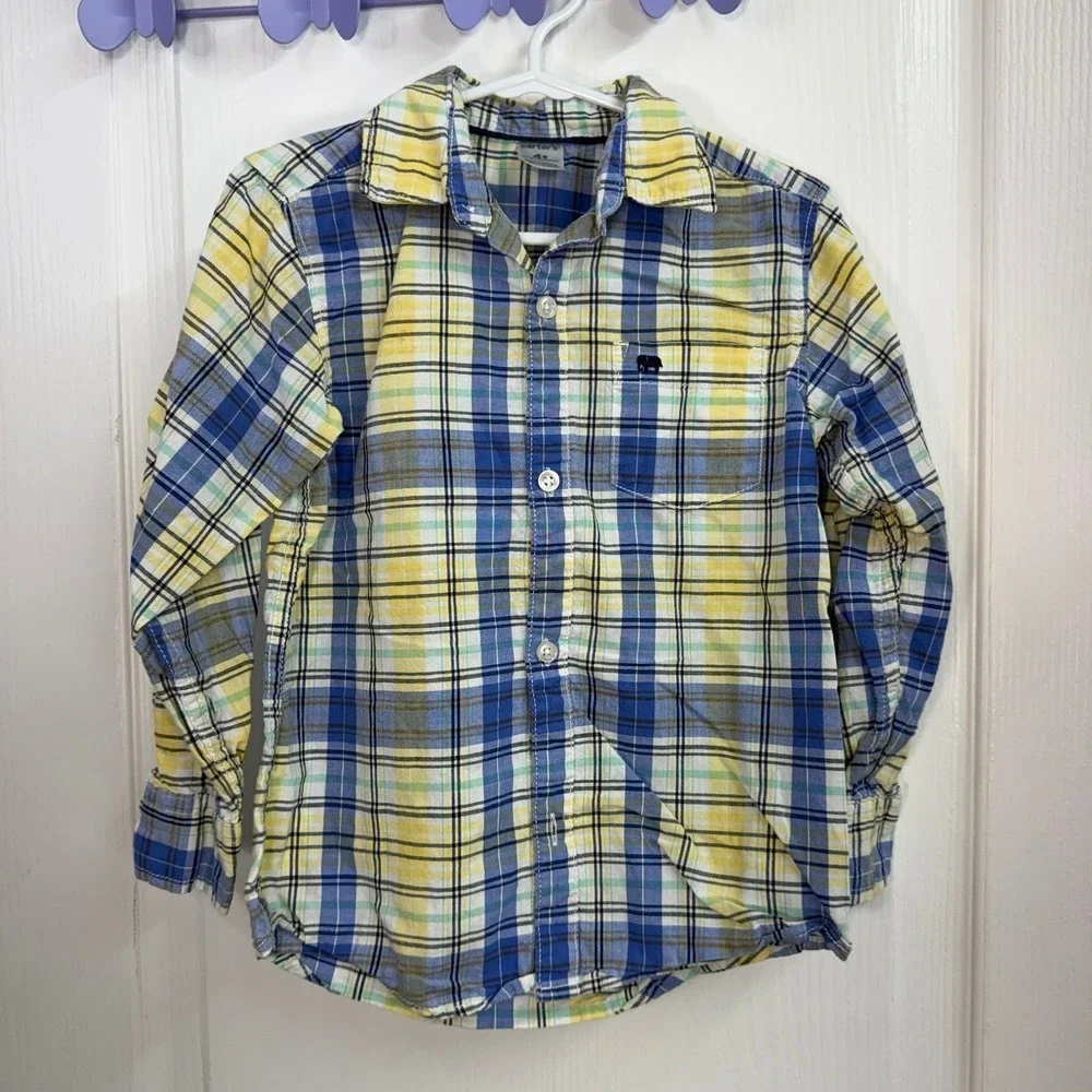 Carter's boy's yellow blue plaid‎ collared button down formal dress shirt cotton